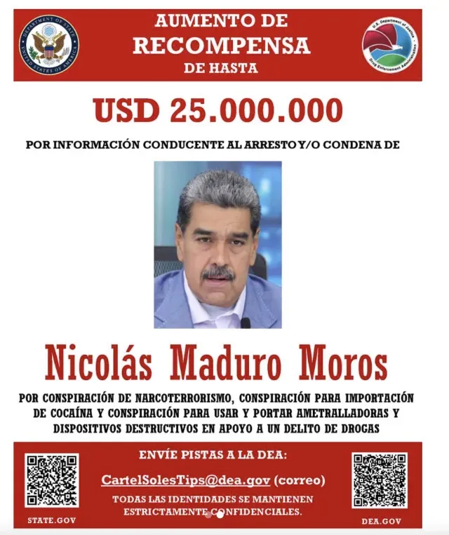 Image › Regiadísticas Estados Unidos Relanza La Recompensa Por Nicolás Maduro, Acusado De Liderar El Cártel De Los Soles Y Enfrentar Cargos Por Narcotráfico Y Terrorismo.