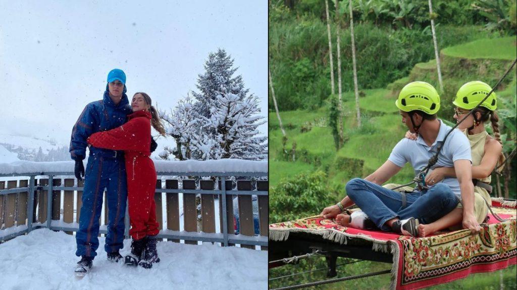 Collage: Left Image Shows a Couple in Winter Coats Embracing on a Snow-covered Balcony; Right Image Shows a Couple with Helmets on a Suspended Platform Ride over Green Terraced Fields. › Regiadísticas