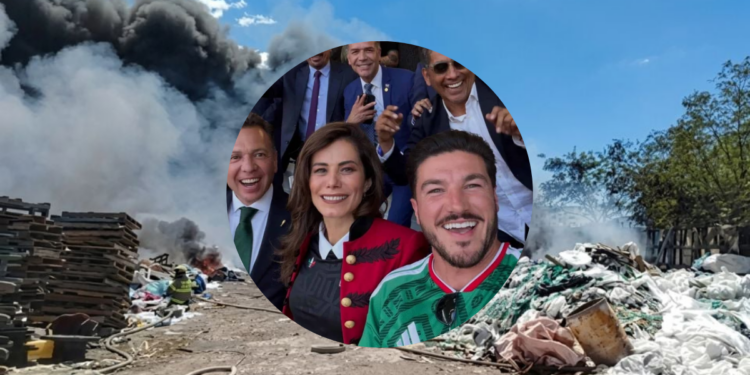 Nuevo-leon-a-46-grados › Regiadísticas Smiling Group Taking a Selfie over a Smoky Landfill and Piles of Trash in the Background. › Regiadísticas